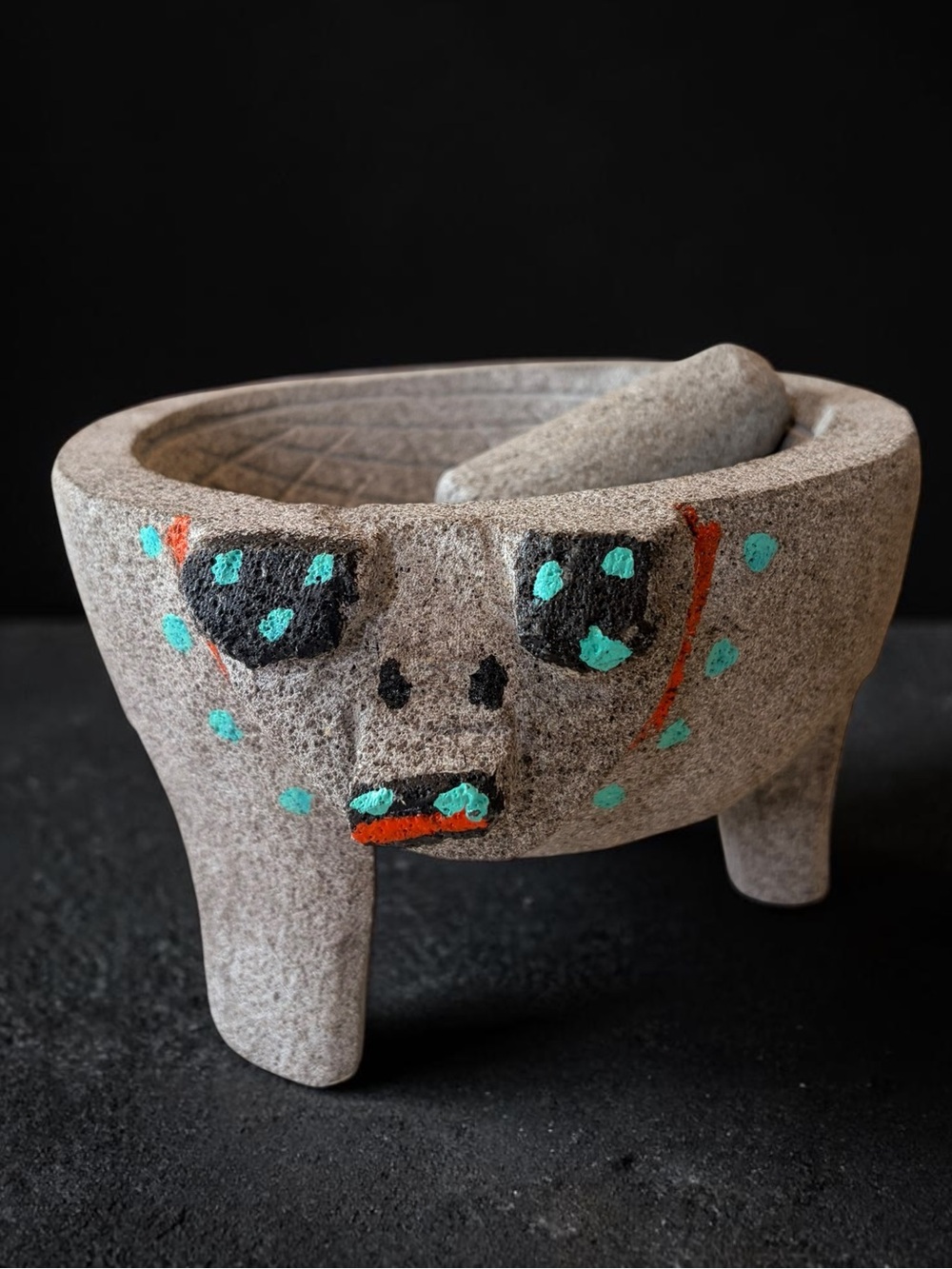 Hand-Carved Mexican Molcajete Mortar Pestle painted pig large 8"
